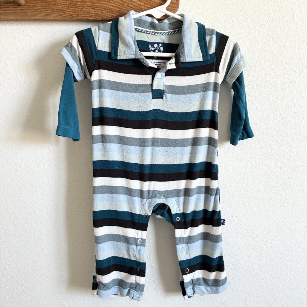 KicKee Pants Striped Long Sleeve Polo Romper One Piece Baby Boy 0-3 Months